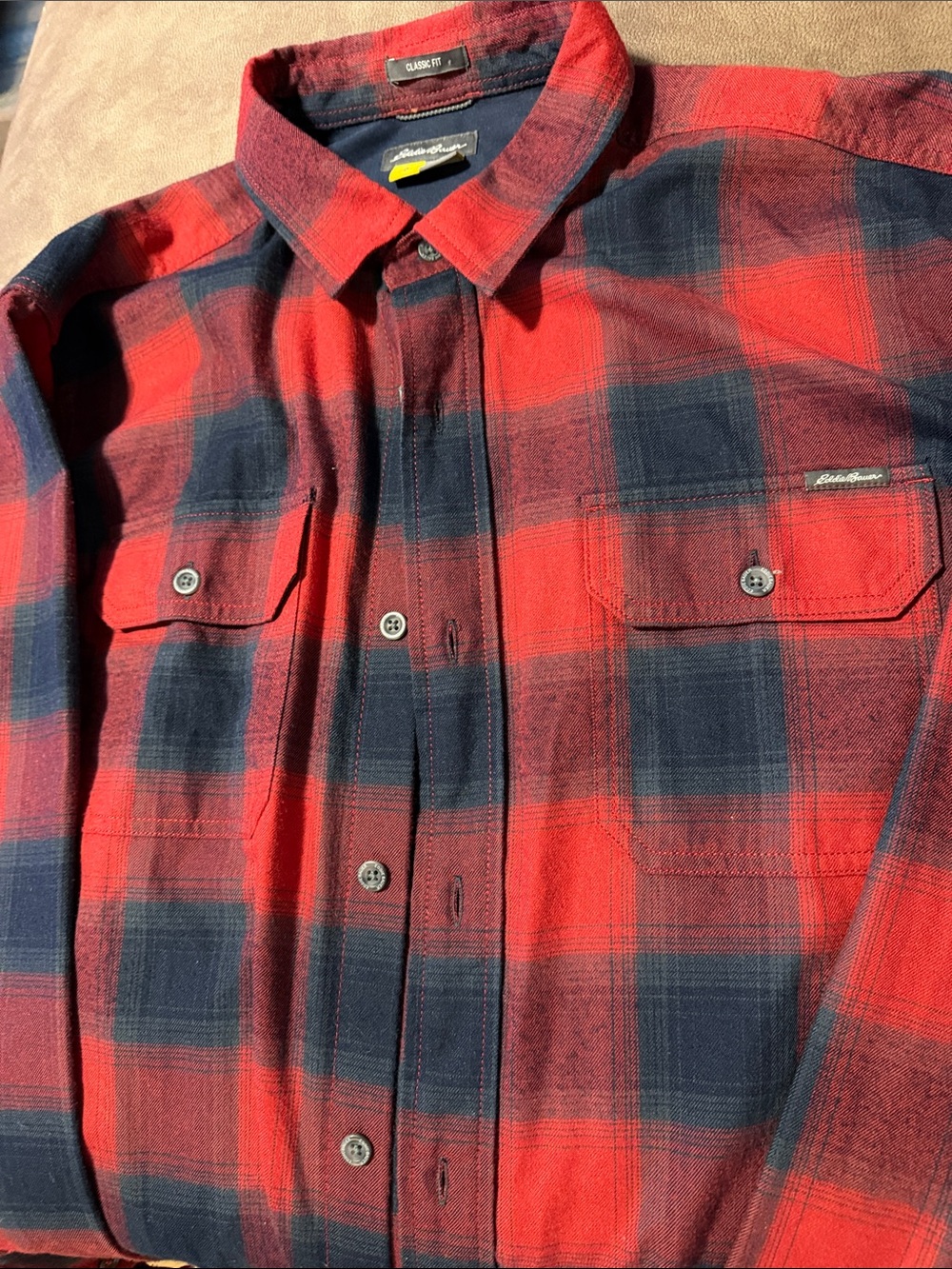 Eddie Bauer Red and Navy Plaid Button-Down Shirt